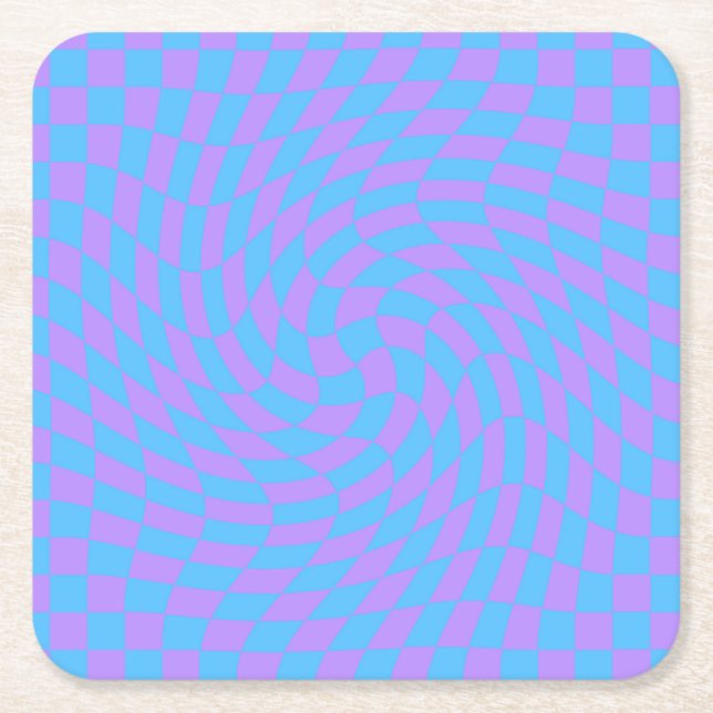 Pale Blue & Lavender Waved Chequered Pattern      Square Paper Coaster (Front)