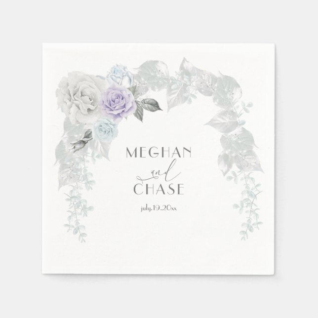 Pale Blue Lilac and White Rose Iridescent Foliage Napkin (Front)