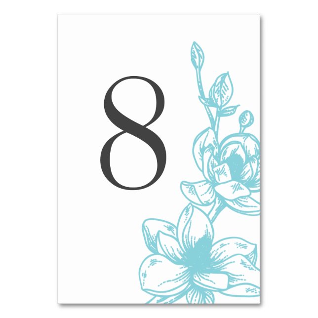 Pale Blue Magnolia Flowers Wedding Table Number (Front)
