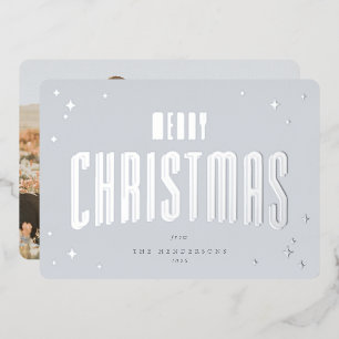 Pale Blue Merry Christmas Retro Stars Photo  Foil Holiday Card