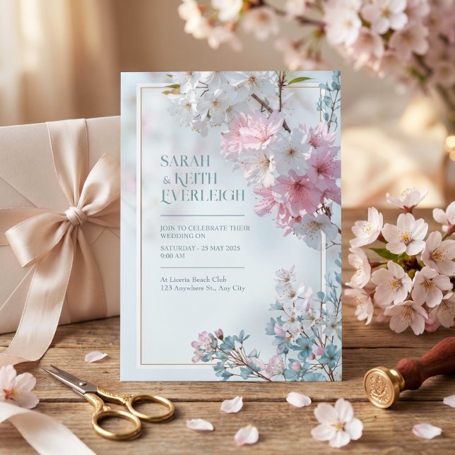 Pale Blue Misty Romantic Sakura Gold Frame Wedding Invitation (Creator Uploaded)
