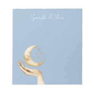 Pale Blue Moon Stars Hand Gold Notepad