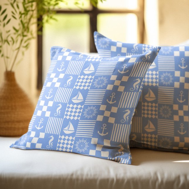 Pale Blue Nautical Patchwork Pattern Cushion (Creator Uploaded)
