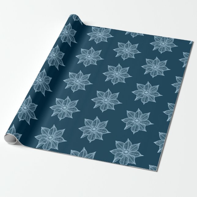 Pale Blue on Prussian Blue Sketchy Flowers Wrapping Paper (Unrolled)