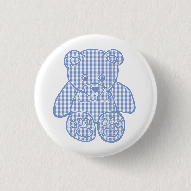 Pale Blue Pastel Gingham Teddy Bear 3 Cm Round Badge (Front)