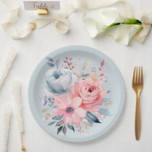 Pale Blue Pink Peonies Floral Bouquet Shower Paper Plate