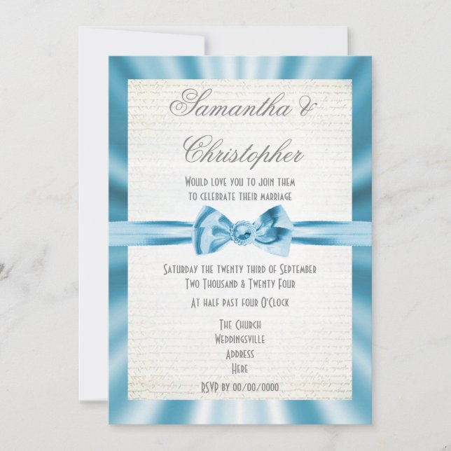 Pale blue ribbon simple wedding invitation (Front)