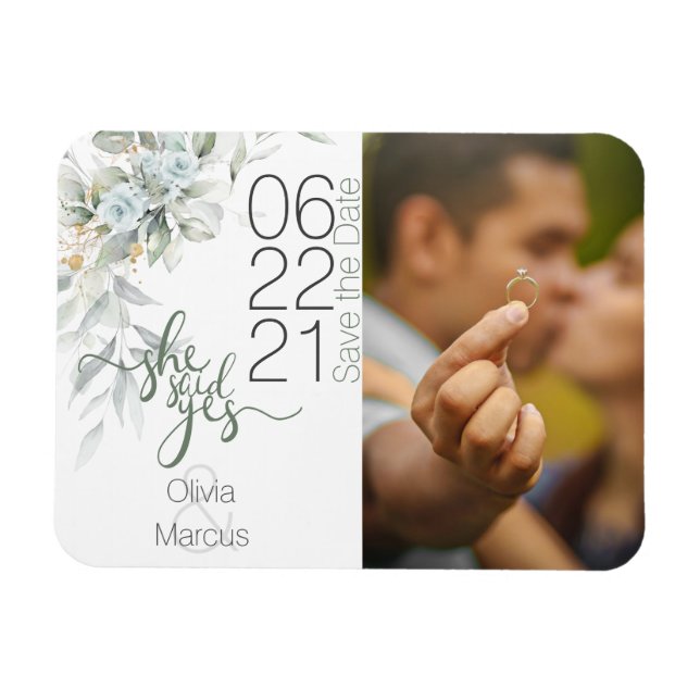 Pale Blue Rose and Foliage Photo Save the Date Magnet (Horizontal)