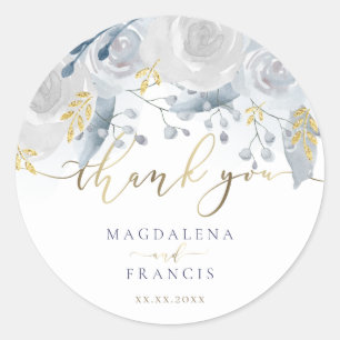 pale blue roses wedding thank you classic round sticker