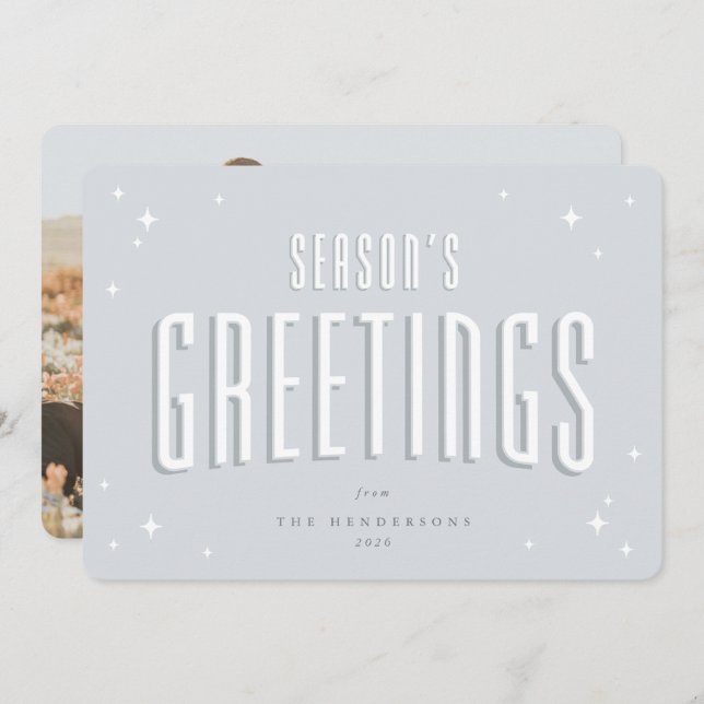 Pale Blue Season's Greetings Retro Stars Photo Holiday Card (Front/Back)