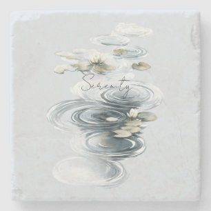 Pale Blue Serenity Lotus Flowers Lilypads Stone Coaster