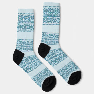 Pale Blue Stripe Christmas Flower Pattern Socks