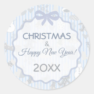 Pale Blue Stripes Bow Christmas Save The Date Classic Round Sticker