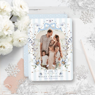 Pale Blue Stripes & Bow Floral Photo Christmas Holiday Card