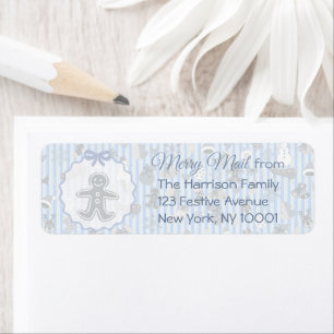 Pale Blue Stripes Gingerbread Man Christmas Return Address Label