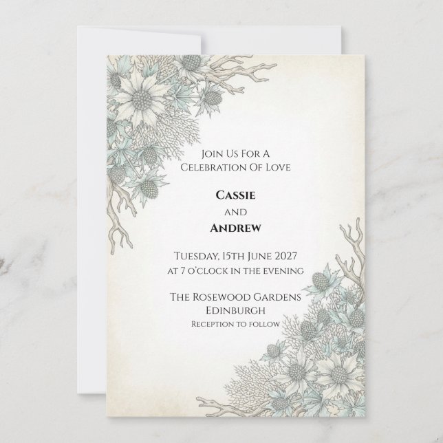 Pale Blue Thistle Wedding Invitation (Front)