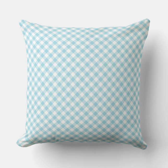 Pale Blue White Diagonal Check Gingham Pattern Cushion (Front)