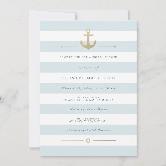 Pale Blue White Striped Nautical Bridal Shower Invitation (Front)