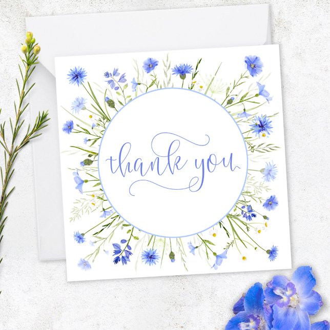 Pale Blue Wildflower Thank You Pretty Script Font Card (Creator Uploaded)