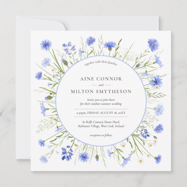 Pale Blue Wildflower Themed Wedding Invitation (Front)