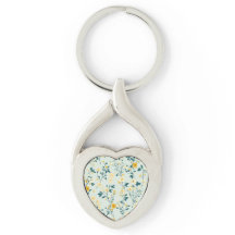 Pale Blue, Yellow & White Floral Metal Keychain