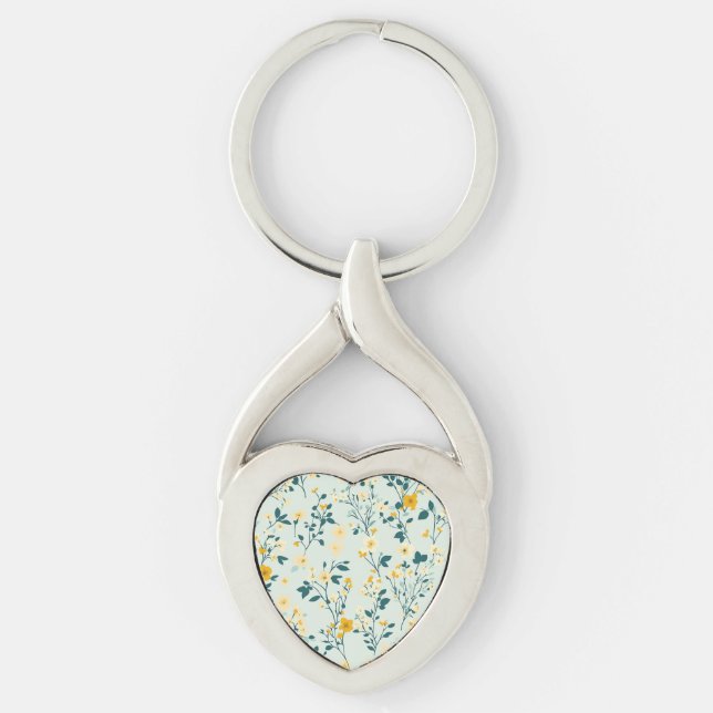Pale Blue, Yellow & White Floral Metal Keychain (Front)