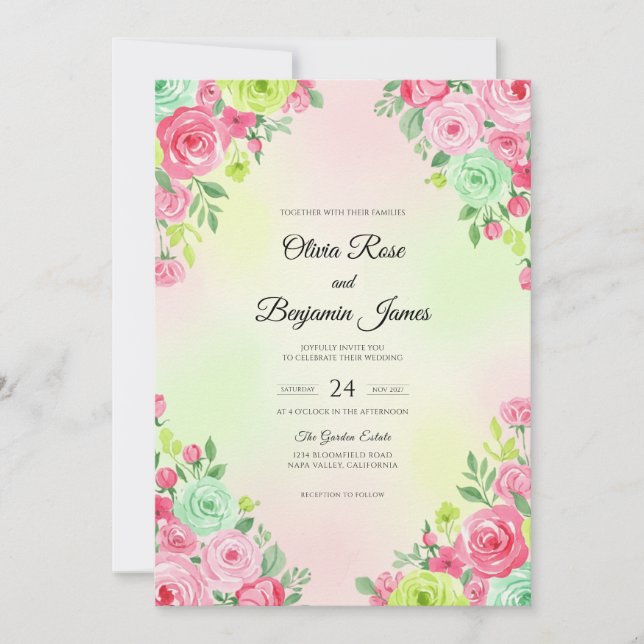 Pale Blush Mint Leaf Wedding Invitation (Front)