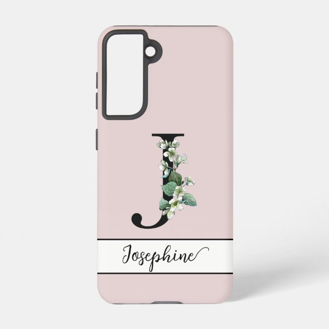 Pale blush Monogram J custom name Jasmine floral  Samsung Galaxy S21 Case (Back)