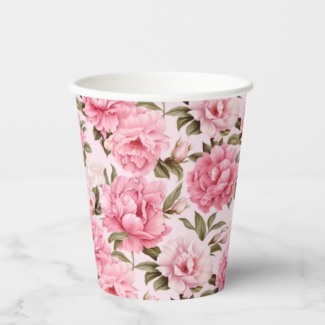 Pale blush pink bloom flowers paper cups (Front)