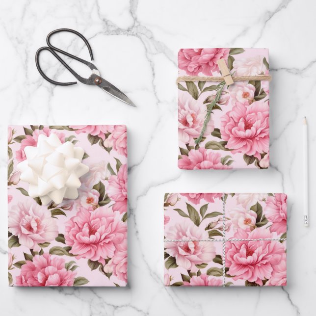 Pale blush pink bloom flowers wrapping paper sheet (Front)