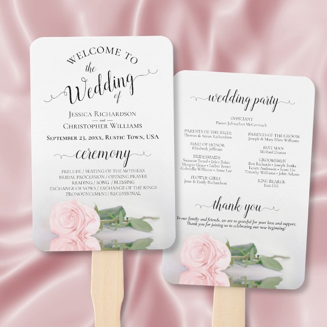Pale Blush Pink Rose Elegant Wedding Program Hand Fan (Front/Back)