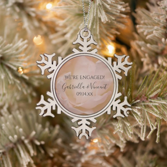 Pale Blush Pink Rose Floral Engagement Snowflake Pewter Christmas Ornament (Tree)