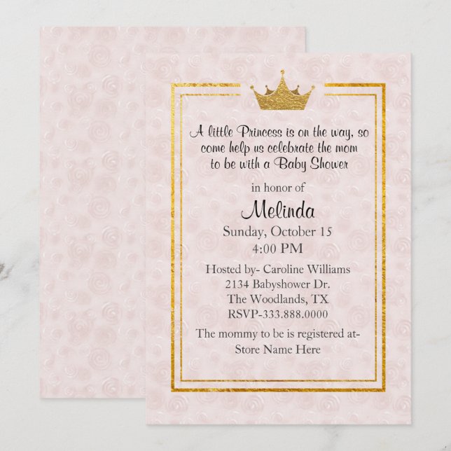 Pale Blush with Gold Crown Baby Shower Invitation (Front/Back)