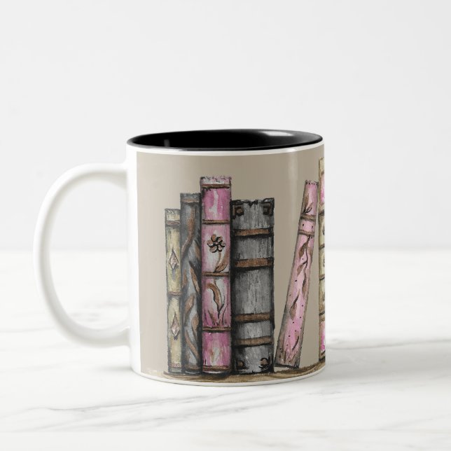 Pale Brown Coffee Old Book Library And Clock  Two-Tone Coffee Mug (Left)