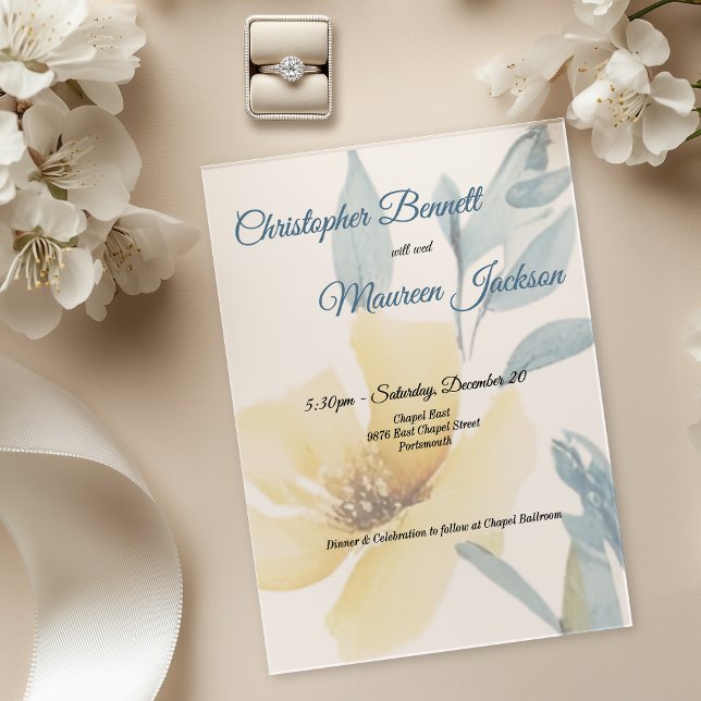 Pale Butter Yellow Soft Blue Floral Wedding Acrylic Invitations (Butter Yellow & Pale Blue Floral Acrylic invitation)