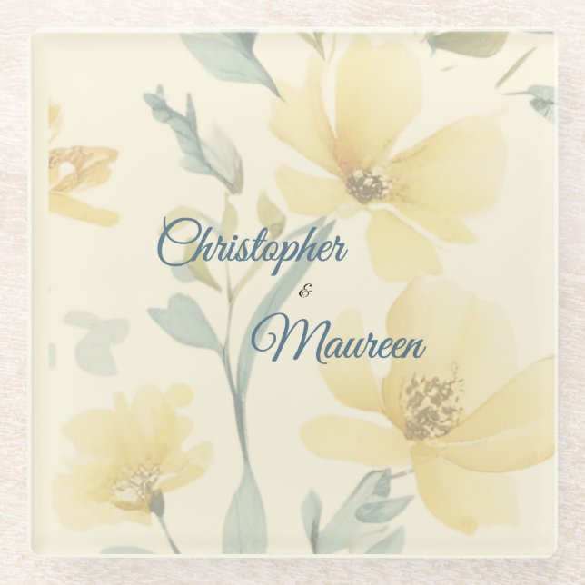 Pale Butter Yellow Soft Blue Floral Wedding Glass Coaster (Front)