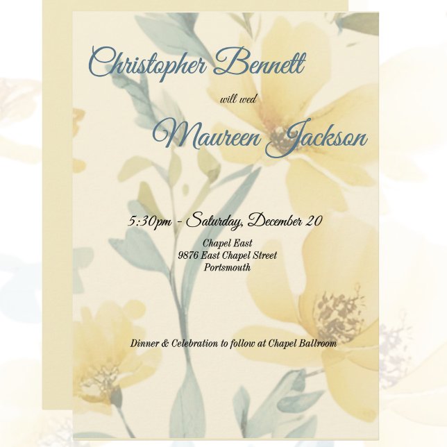 Pale Butter Yellow Soft Blue Floral Wedding Invitation (Creator Uploaded)