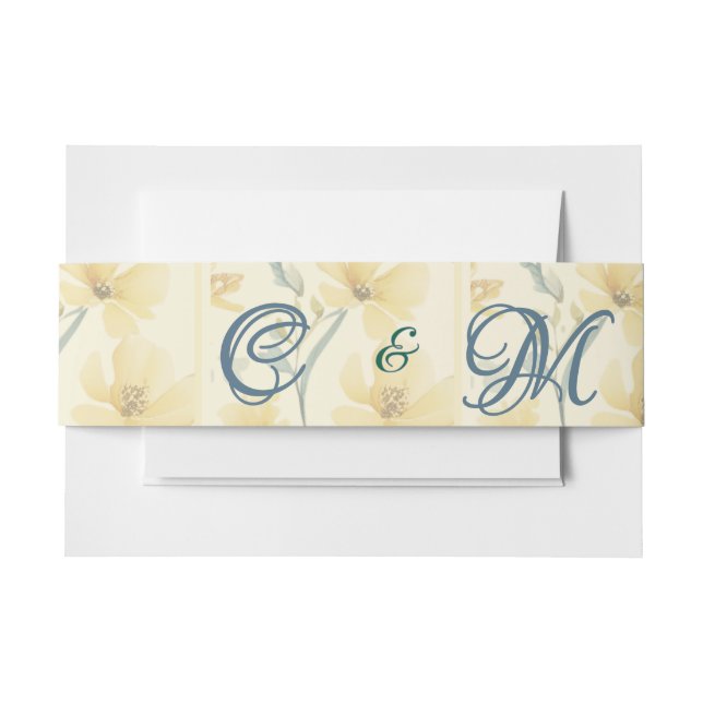 Pale Butter Yellow Soft Blue Floral Wedding Invitation Belly Band (Front Example)
