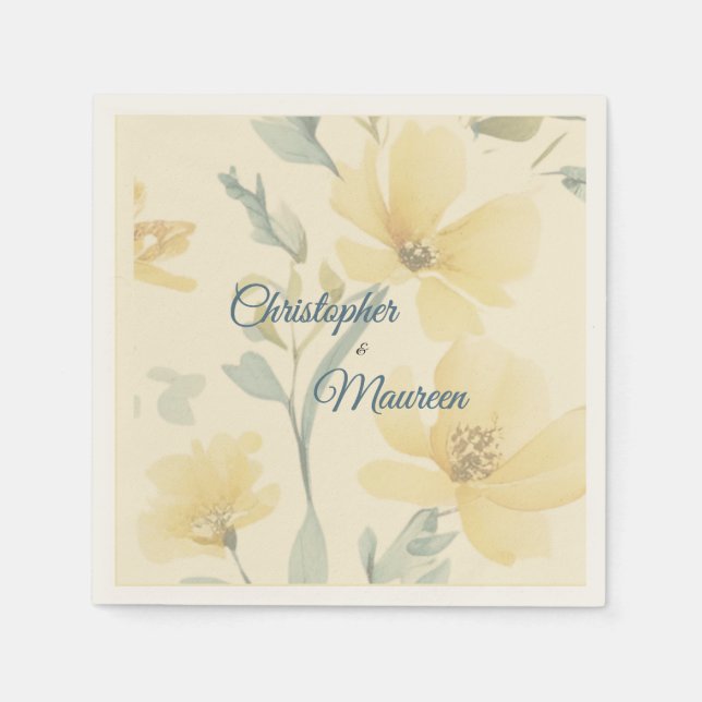 Pale Butter Yellow Soft Blue Floral Wedding Napkin (Front)