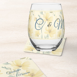 Pale Butter Yellow Soft Blue Floral Wedding Stemless Wine Glass