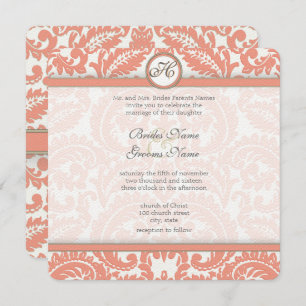 Pale Coral & Grey Damask  Wedding Invitations