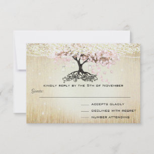 Pale Dogwood Heart Leaf Tree Gold Wedding RSVP