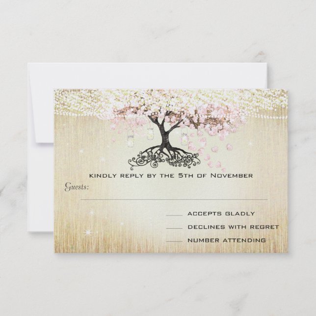 Pale Dogwood Heart Leaf Tree Gold Wedding RSVP Card (Front)