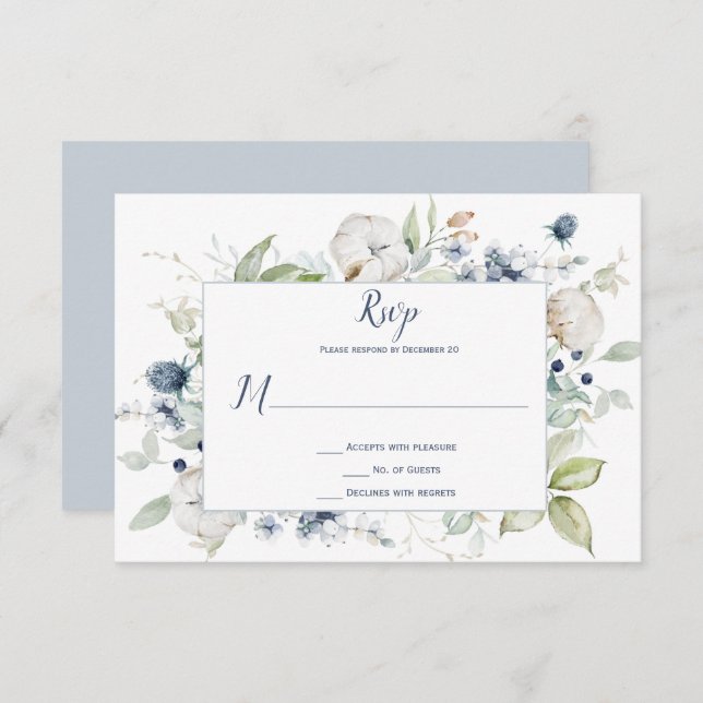 Pale Dusty Blue Sage Green Framed Floral RSVP Card (Front/Back)