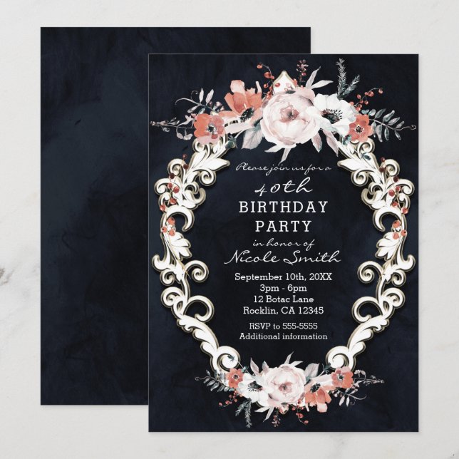 Pale Floral Dark Chalk Elegant Birthday Party Invitation (Front/Back)
