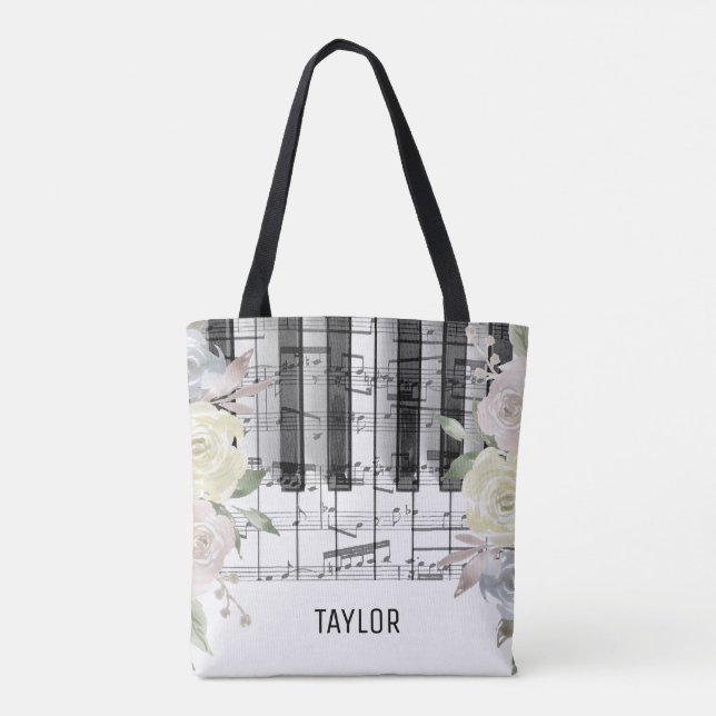 pale flowers music notes piano tote bag (Back)