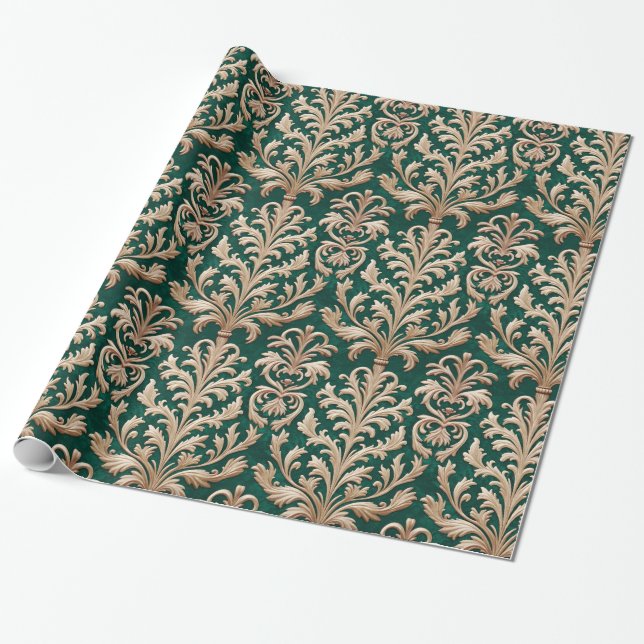 Pale Gold Floral Damask Forest Green Velvet Wrapping Paper (Unrolled)