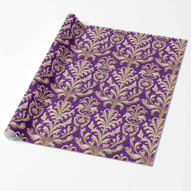 Pale Gold Floral Damask Royal Purple Velvet Wrapping Paper (Unrolled)