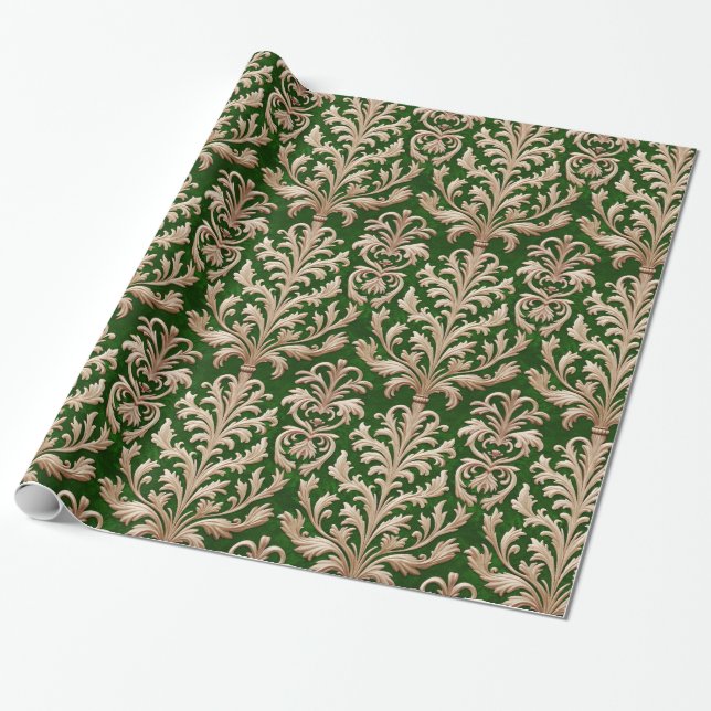 Pale Gold Floral Damask Warm Green Velvet Wrapping Paper (Unrolled)