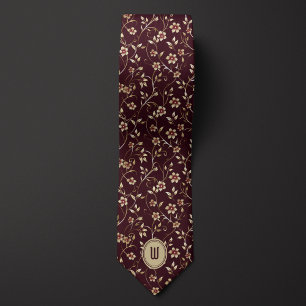Pale Gold Flowers on Chocolate Burgundy Monogram Tie